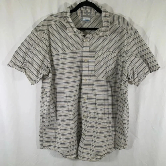 Columbia Button Up Shirt Men's XL White Grey Striped Short Sleeve Regular - Picture 1 of 7